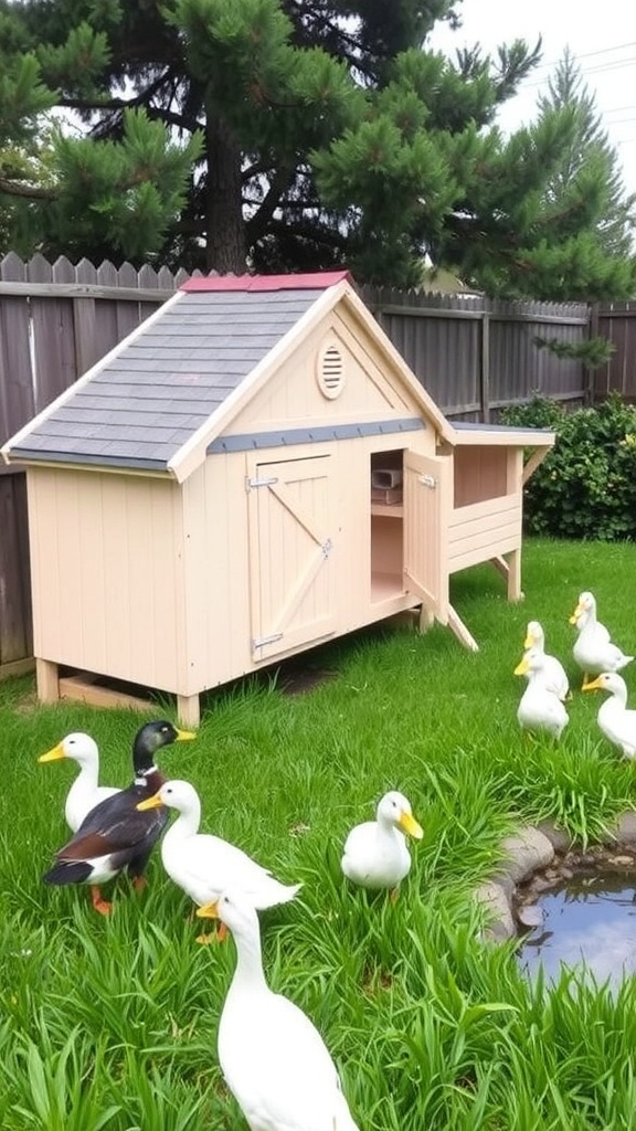Creative Duck Coop Ideas A colorful A-frame duck coop with ducks in a grassy yard, featuring nesting boxes and a nearby pond.